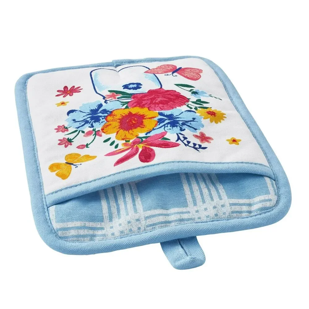 Pioneer Woman Flowering Frontier Kitchen Towel Oven Mitt Potholder Blue Cotton